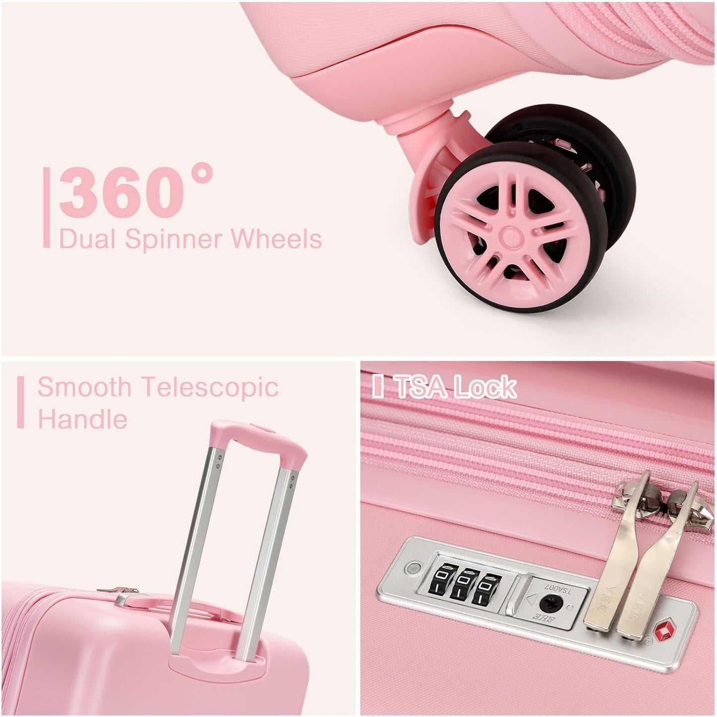 Kono Medium Checked Luggage 24 Inch Expandable With Spinner Wheels, TSA Lock, ABS+PC Lightweight Travel Suitcase Larger And Lighter Capacity, Pink