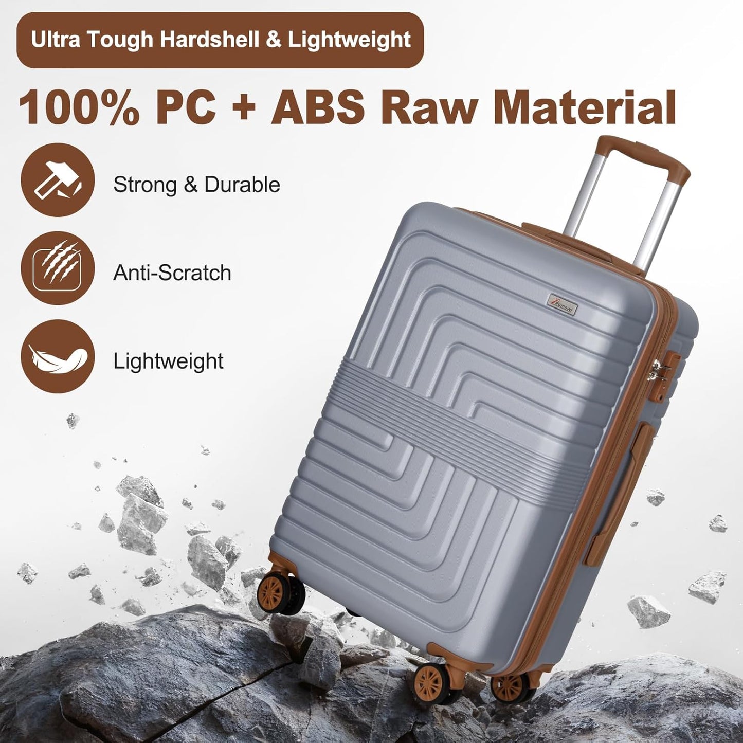 Romswi Expandable 28" Checked Luggage,Large Hardshell Suitcase with Double Spinner Wheels for 20% More Space, Airline Approved Lightweight Hardside Luggage, Scratch-Resistant & YKK Zipper,Silver