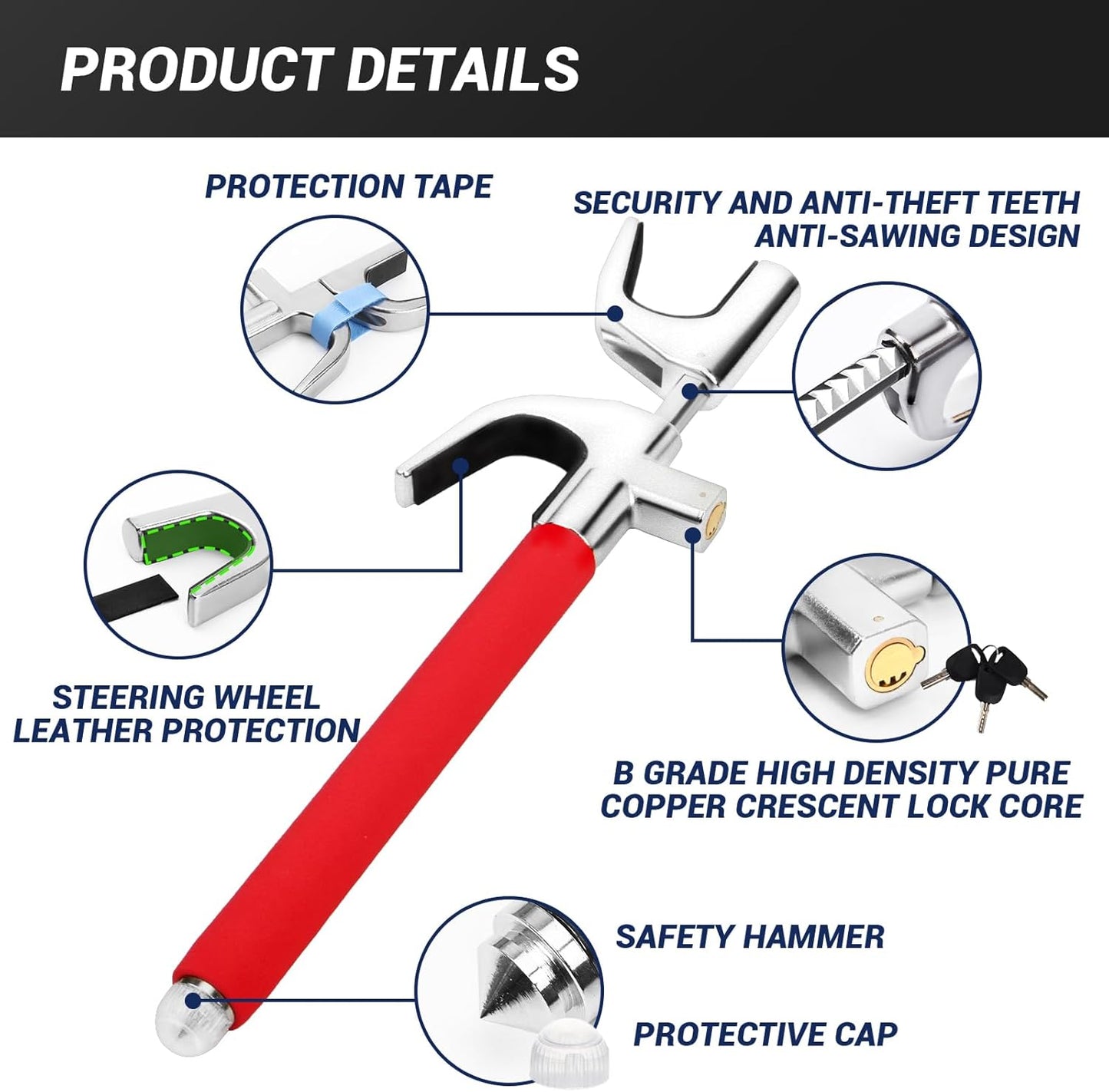 Car Steering Wheel Lock, Anti Theft Car Device for Car Steering Wheel, Car Security Car Theft Prevention with 3 Keys and Safety Hammer Fit for All Cars (Red)