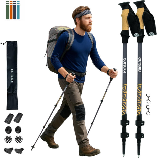 Outsura Trekking Poles for Hiking Collapsible Lightweight Aircraft Graded Aluminum Hiking Poles with Cork Grip & Quick Lock, Pair of 2 Walking Sticks for Seniors Trail & Backpacking