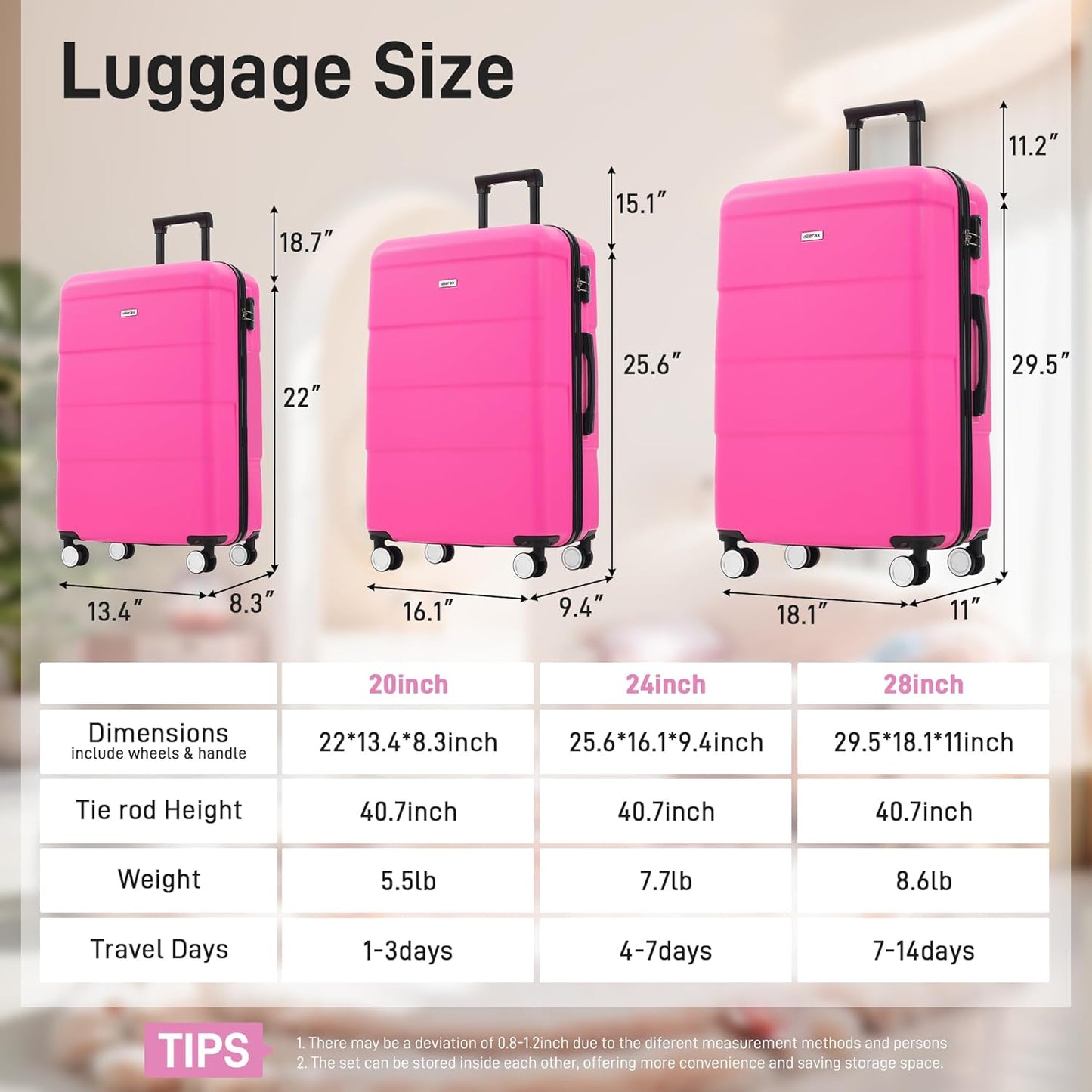 Merax Luggage Sets 3 Piece, Suitcases with Spinner Wheels, Lightweight Travel Luggage with Lock, ABS Hardshell Suitcase Set 20/24/28 IN,Pink