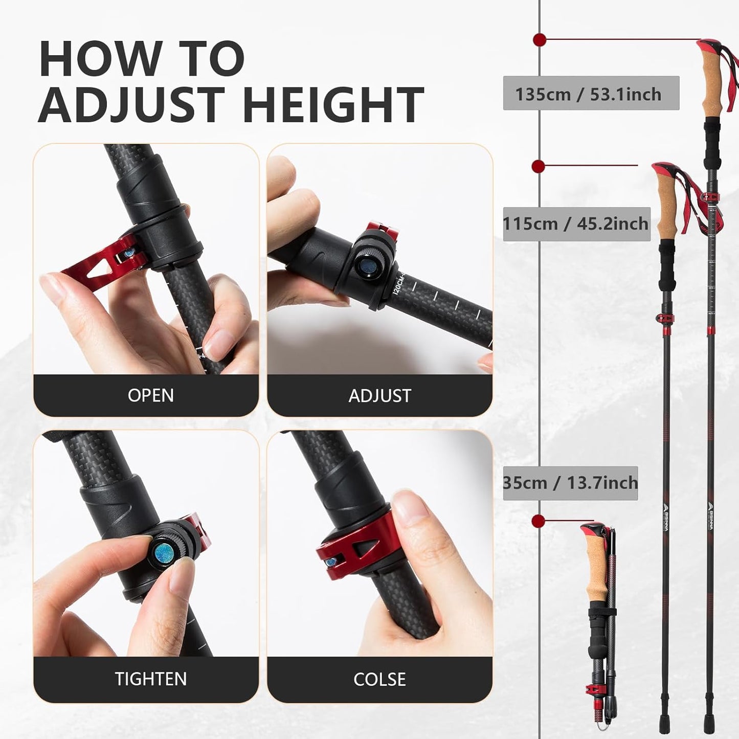BISINNA Carbon Fiber Trekking Poles Collapsible Hiking Poles Lightweight Walking Sticks with Cork Handle Quick Lock for Women and Men 2pc