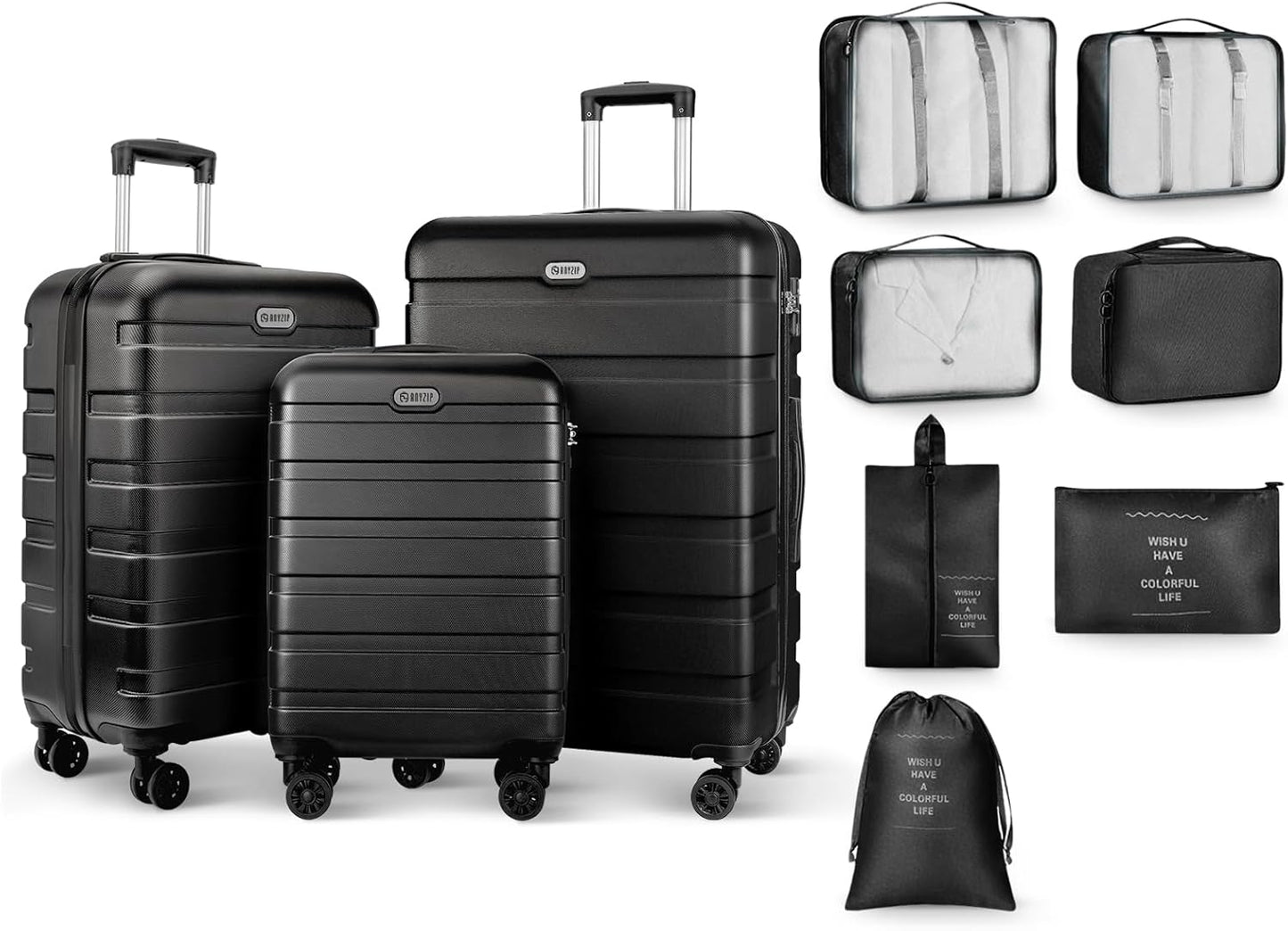 AnyZip Luggage Sets 10 Piece Hardshell Suitcase Set PC ABS Lightweight Travel Suitcases with 4 Double Spinner Wheels TSA Lock 20 24 28 Inch with 7 Storage Bags Black