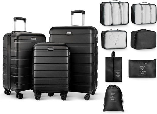 AnyZip Luggage Sets 10 Piece Hardshell Suitcase Set PC ABS Lightweight Travel Suitcases with 4 Double Spinner Wheels TSA Lock 20 24 28 Inch with 7 Storage Bags Black