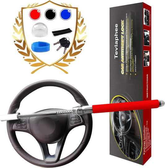 Tevlaphee Steering Wheel Lock for Cars,Wheel Lock,Vehicle Anti-Theft Lock,Adjustable Length Clamp Double Hook Universal Fit Emergency Hammer Window Breaker Self Defense Heavy Duty Secure