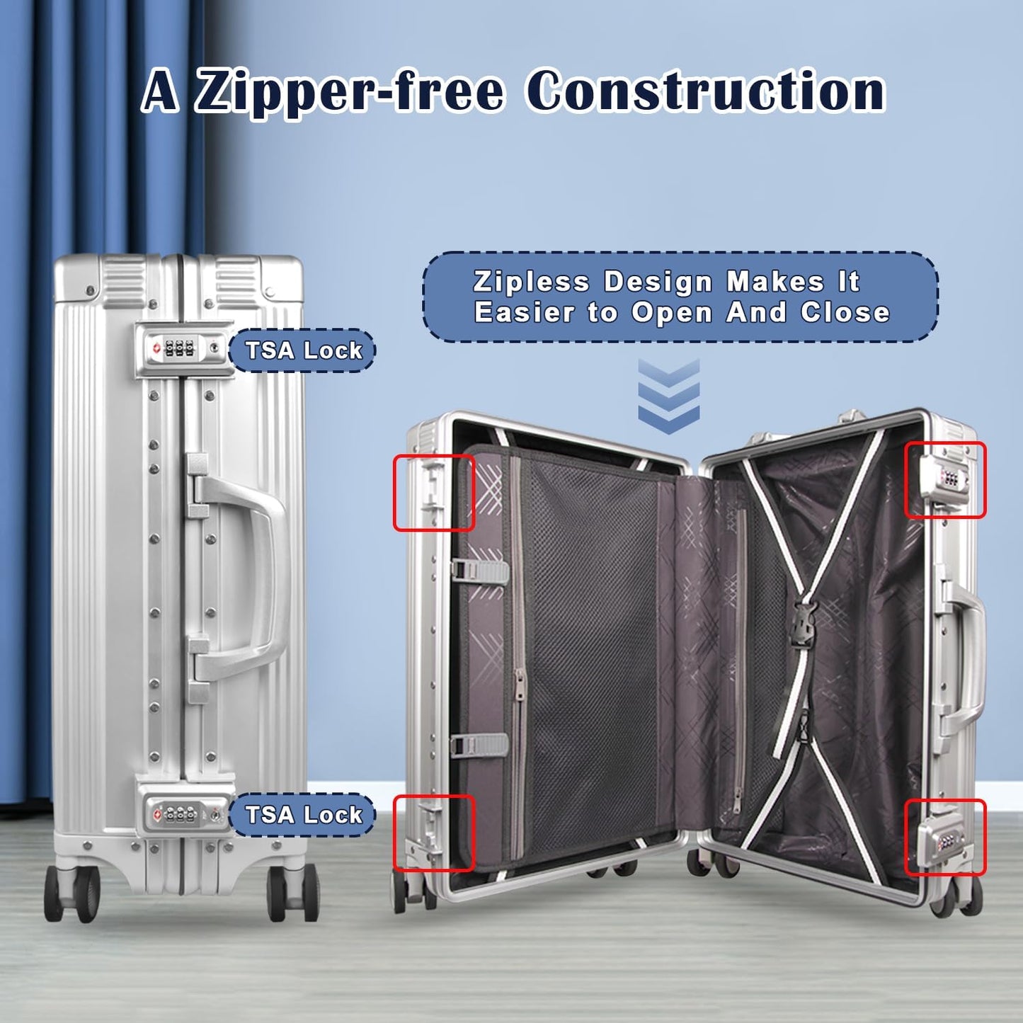 DOMINOX All Aluminum Carry On Luggage Hard Shell Luggage Aluminum Suitcase for Travel Zipperless Luggage Checked Luggage with Silent 360° Spinner Wheels 20 In. (Vertical Grain Style, Sliver)