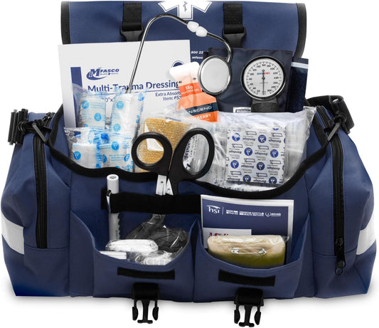 MFASCO First Aid Kit - Fully Stocked Portable Reflective Bag -First Responder Emergency Response Kit-for Natural Disaster Preparedness-Customizable Storage-Includes 415 Pcs First Aid Supplies- Blue