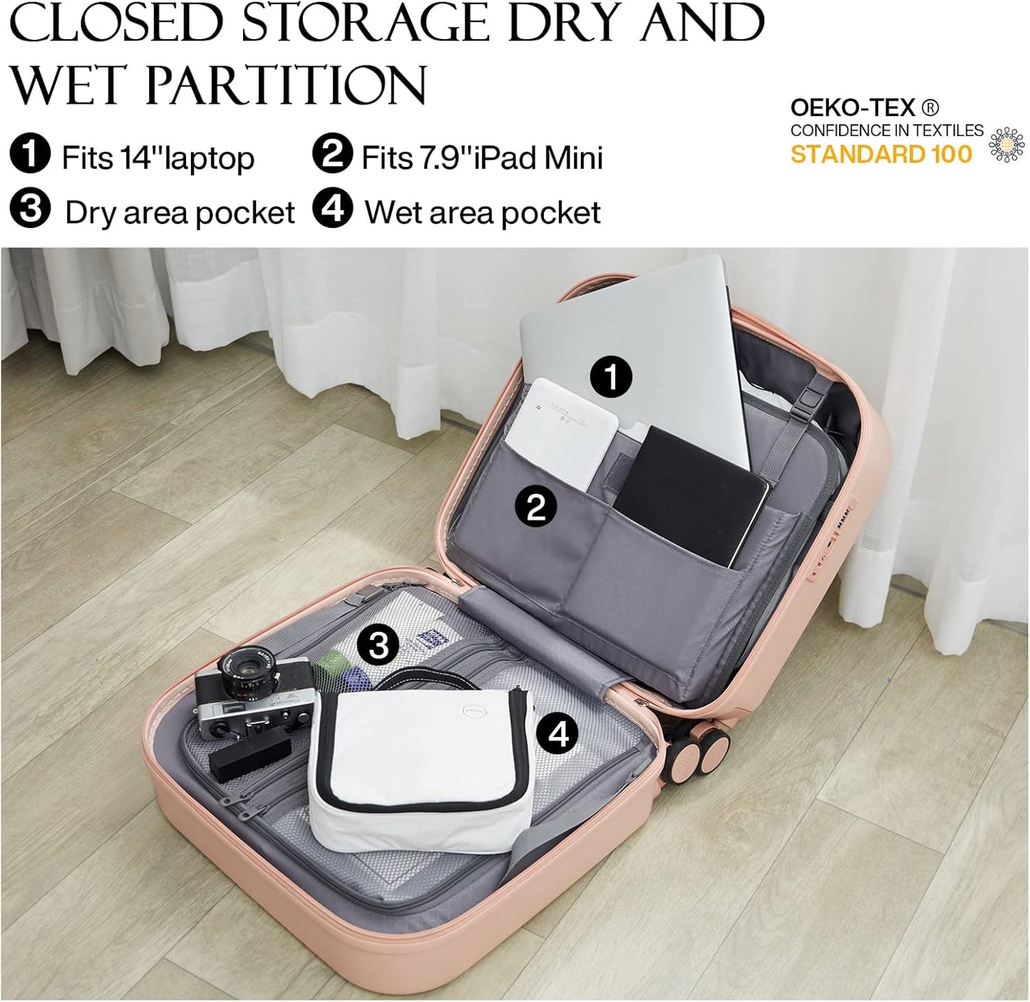 mixi Carry on Luggage, Suitcase with Spinner Wheels 16in Luggage Hardshell Lightweight Rolling Suitcases PC with Cover & TSA Lock, Pink