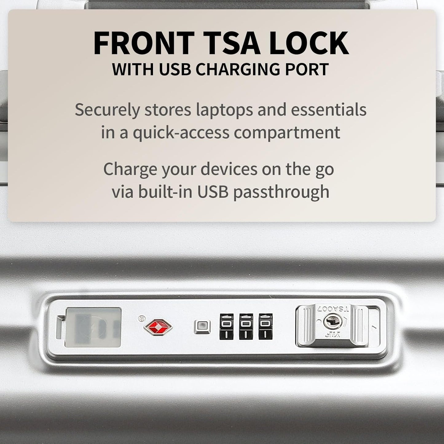 26 Inch Zipperless Checked Travel Luggage with Spinner Wheels,Aluminum Frame Hard Shell Front Pocket Suitcase with Compartment TSA Approved USB Port,Cup & Phone Holder for Women Men,Silver