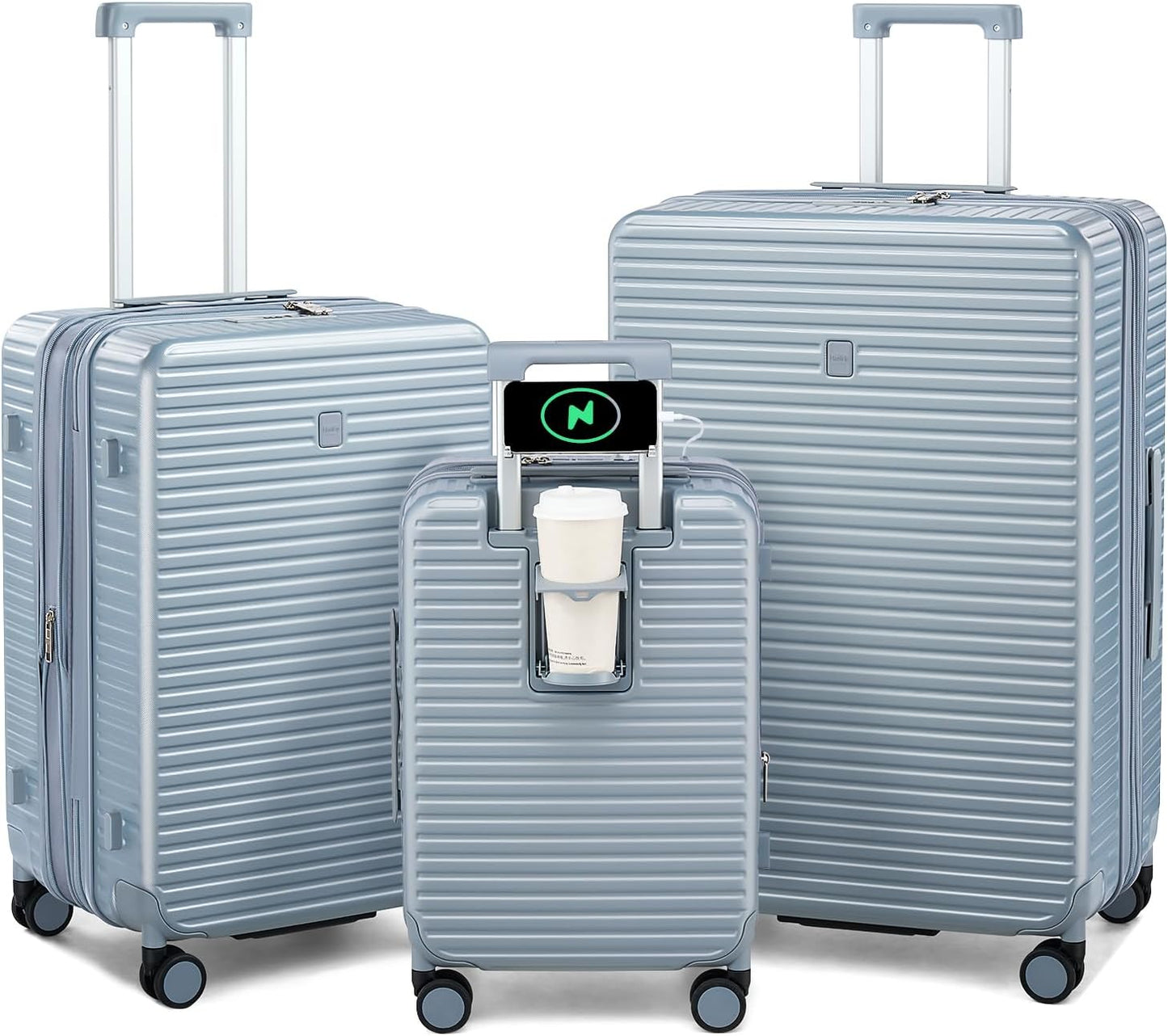 Hard Shell Suitcases Expandable Travel Luggage Sets 3 Piece, Carry on and Check in 3 Piece Luggage Suitcase Sets with Spinner Wheels Cup Holder Charger Built in (Silver, 20/24/28)