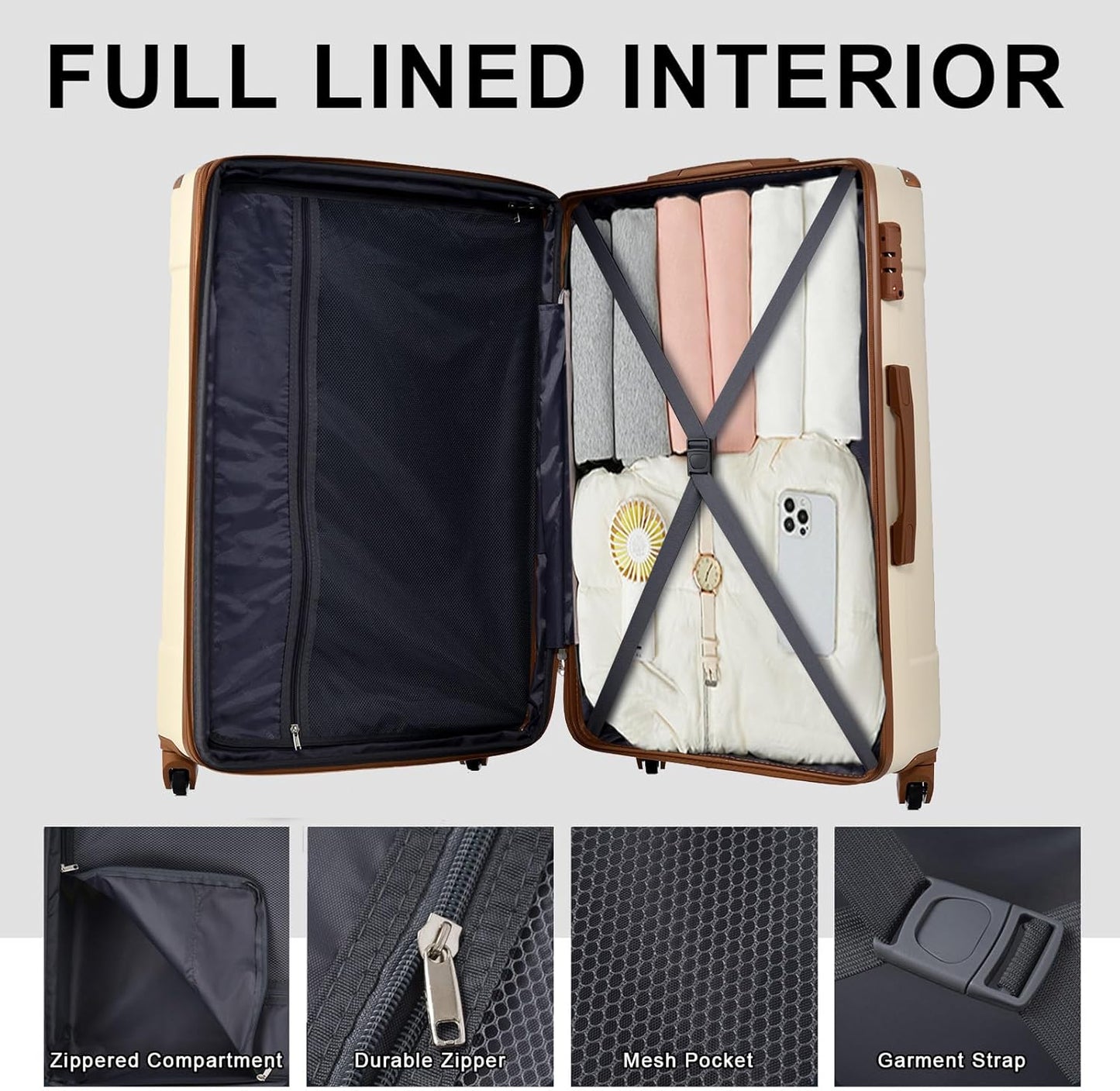 Merax Luggage Set 3 Piece Carry on Luggage, Lightweight Durable Spinner Suitcase with Corner Guards (White Brown, 20inch)