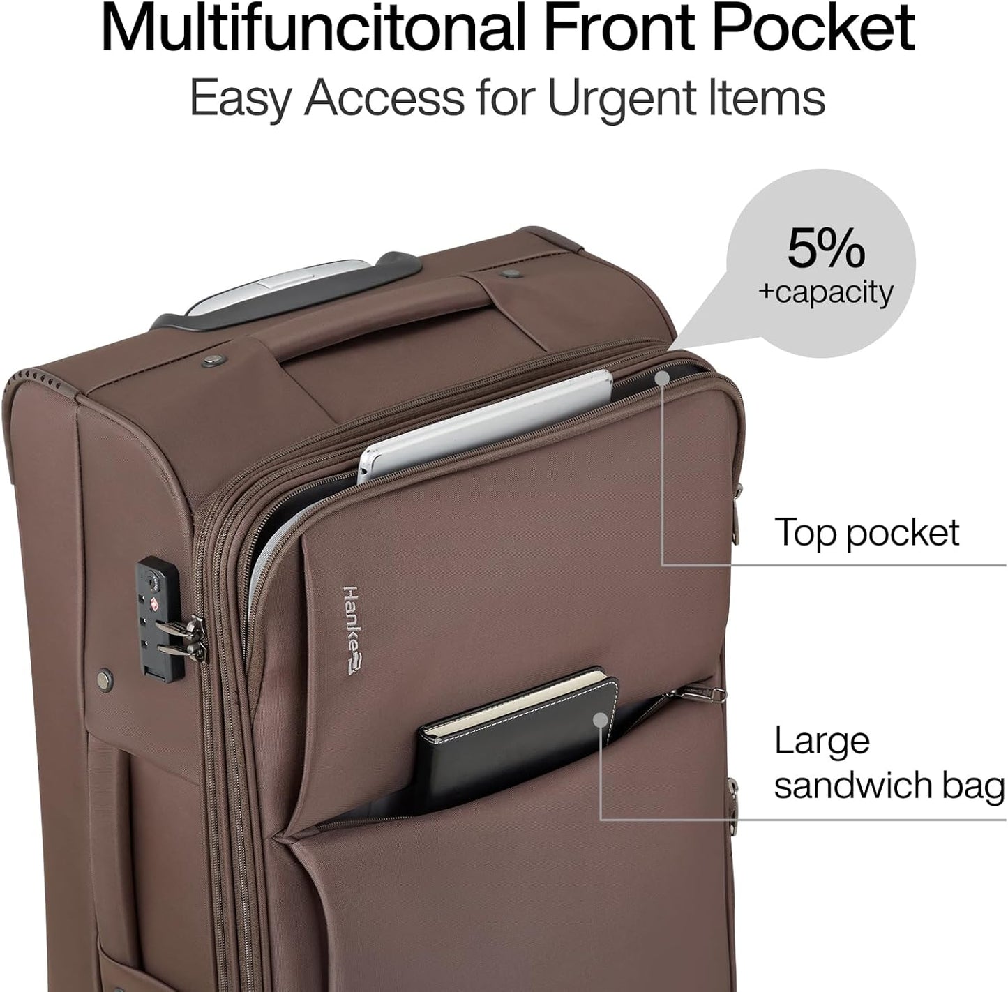 Hanke Softside Expandable 20 Inch Carry On Luggage with Wheels Airline Approved, TSA Luggage Lightweight Rolling Suitcases for Travel Carry On Bag(Coffee)