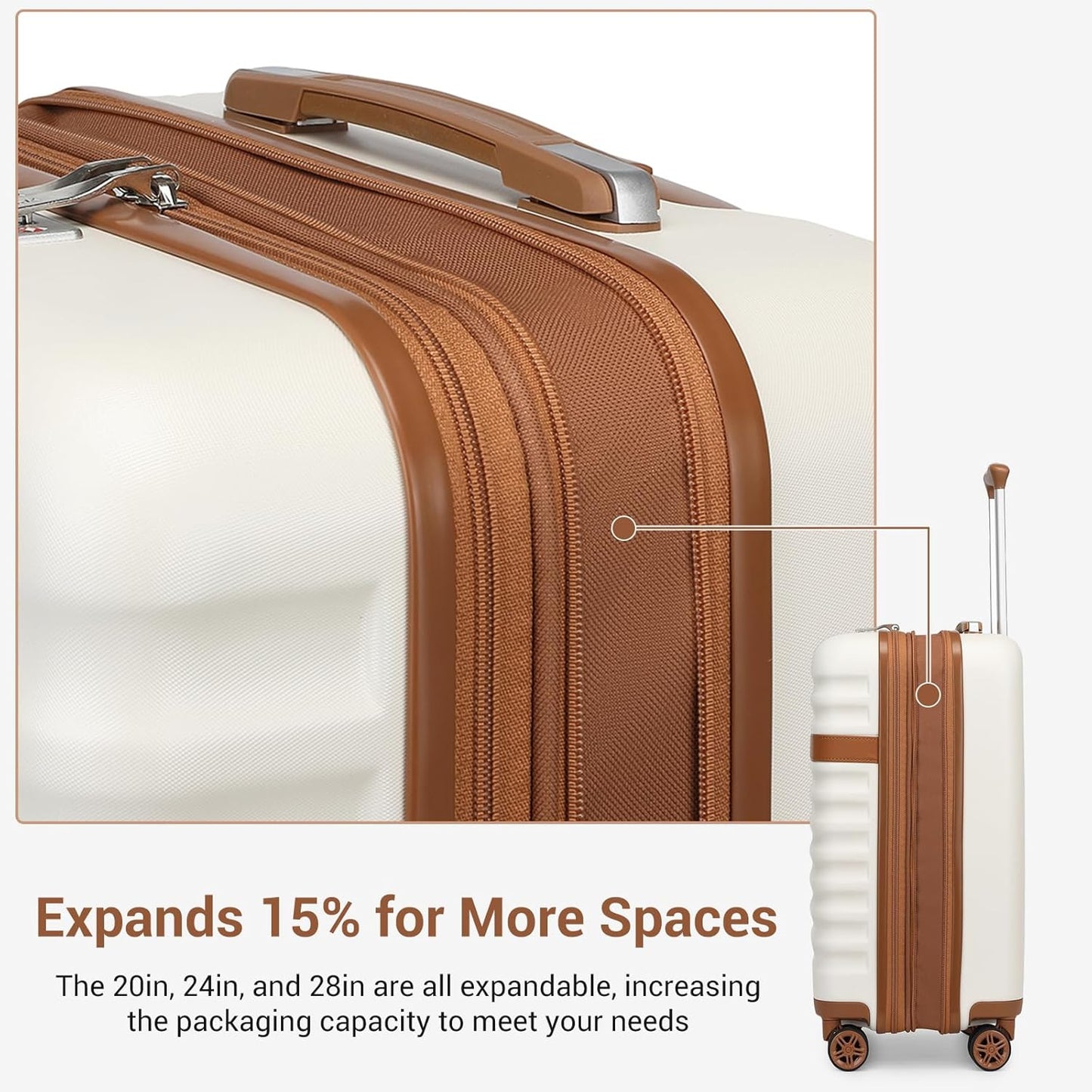 Kono Luggage Set 3 Pieces Expandable ABS Durable Suitcase Hardside with Double Spinner Wheels Tsa Lock Cream White(20in/24in/28in)