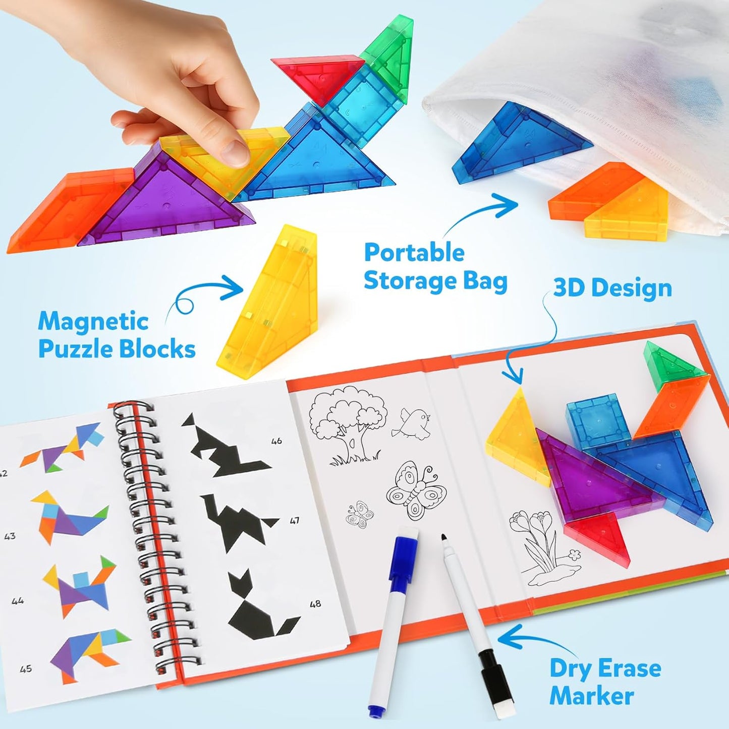 Magnetic Tangram Puzzle with 3D Building Blocks, Road Trip Essentials Travel Tangram with 400 Solution Montessori Travel Toys for Kids Magnetic Puzzles Brain Teasers for Kids Adults