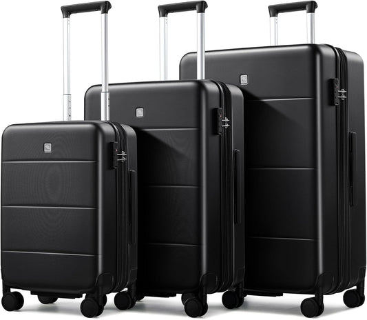 Hanke Expandable Luggage Sets 3 Piece with Spinner Wheels, 20/24/28" Hardside Carry On Luggage Large Suitcase, All-PC Hard Shell Luggage, TSA Lock, Lightweight Durable (Jet Black)