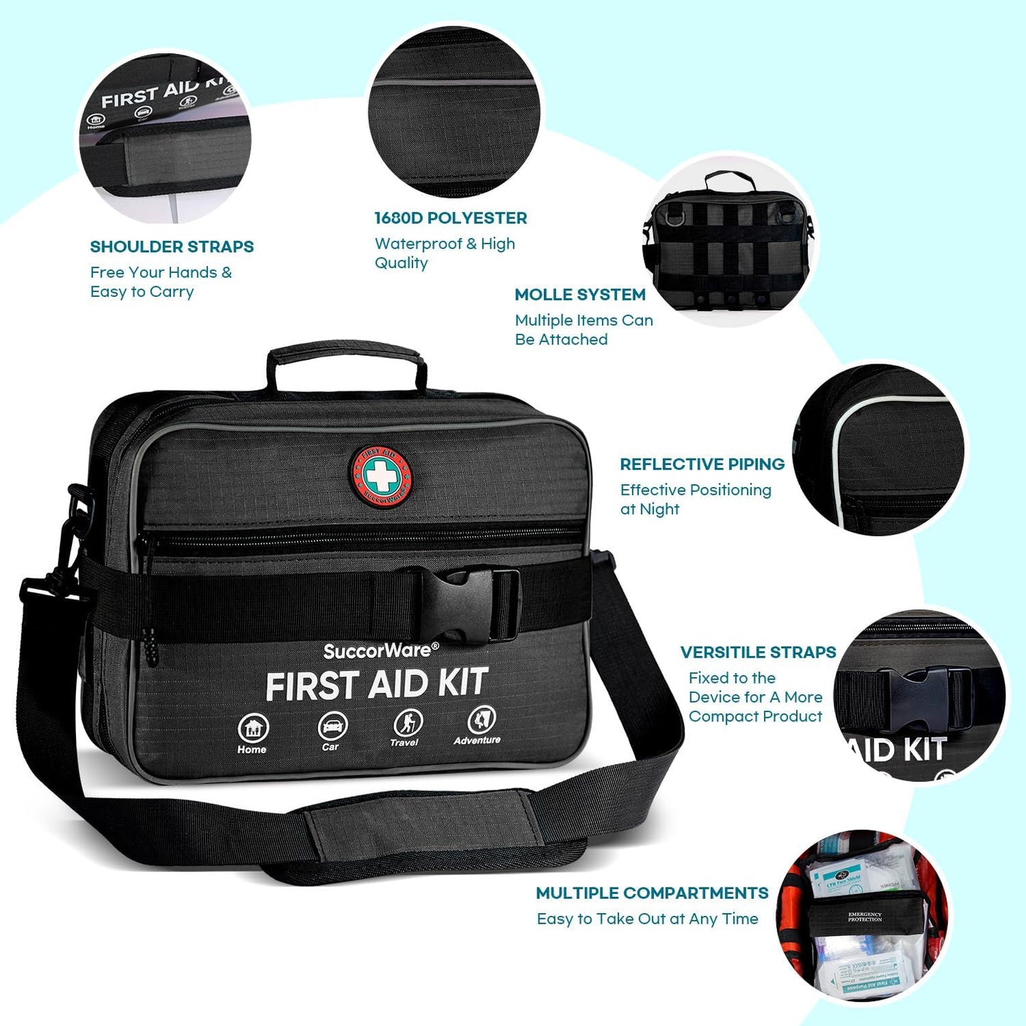 Professional 435 Pieces Large First Aid Kit - Includes Compressed Gauze - Compartments Emergency Medical Kit for Home, Camping, Backpacking, Travel, Boat, Car,Outdoors (Black)