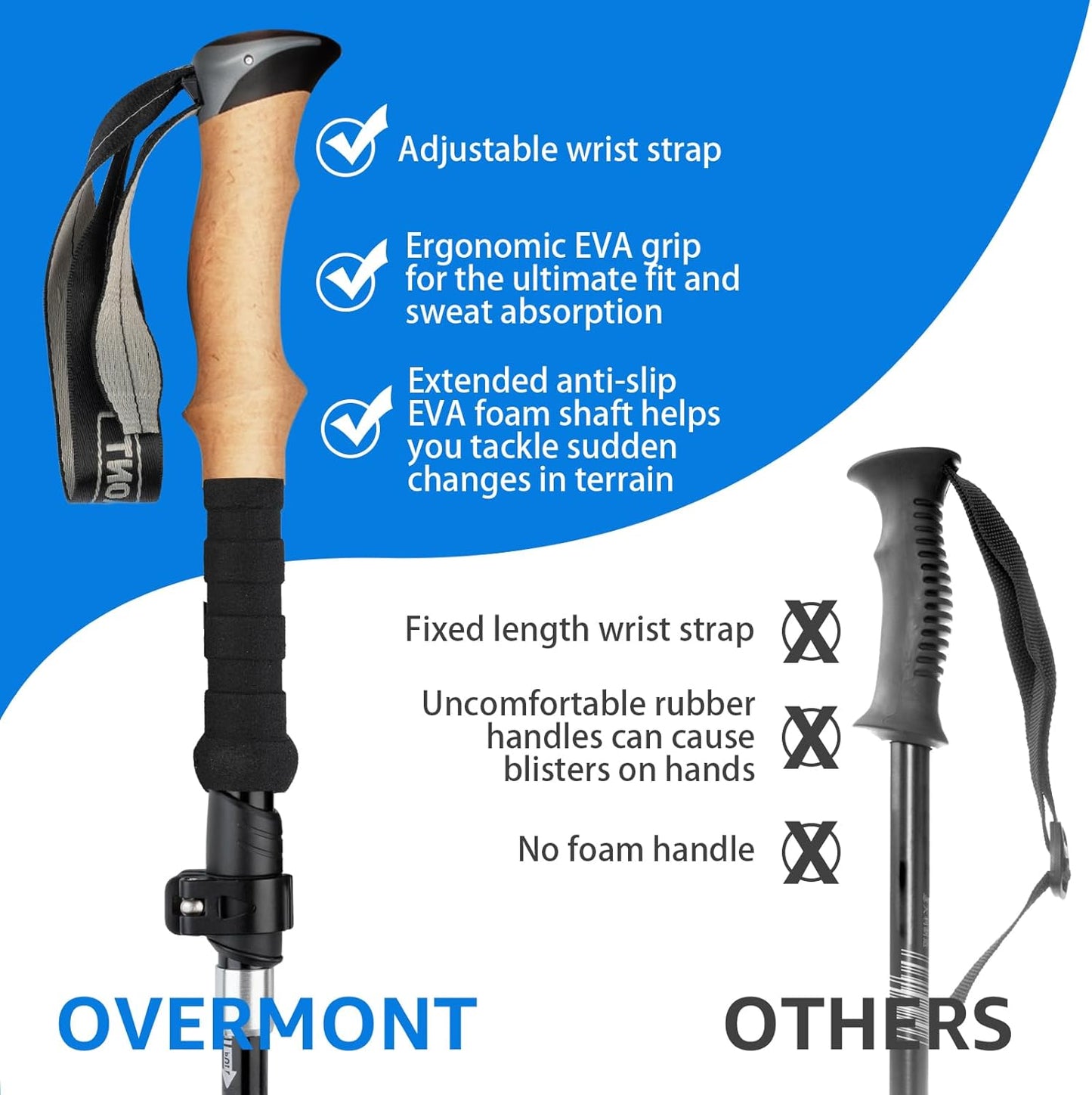 Overmont 7075 Aluminum Trekking Poles - Lightweight Collapsible Hiking Poles Adjustable Walking Sticks with EVA Handle All Terrain Accessories Carry Bag - Set of 2
