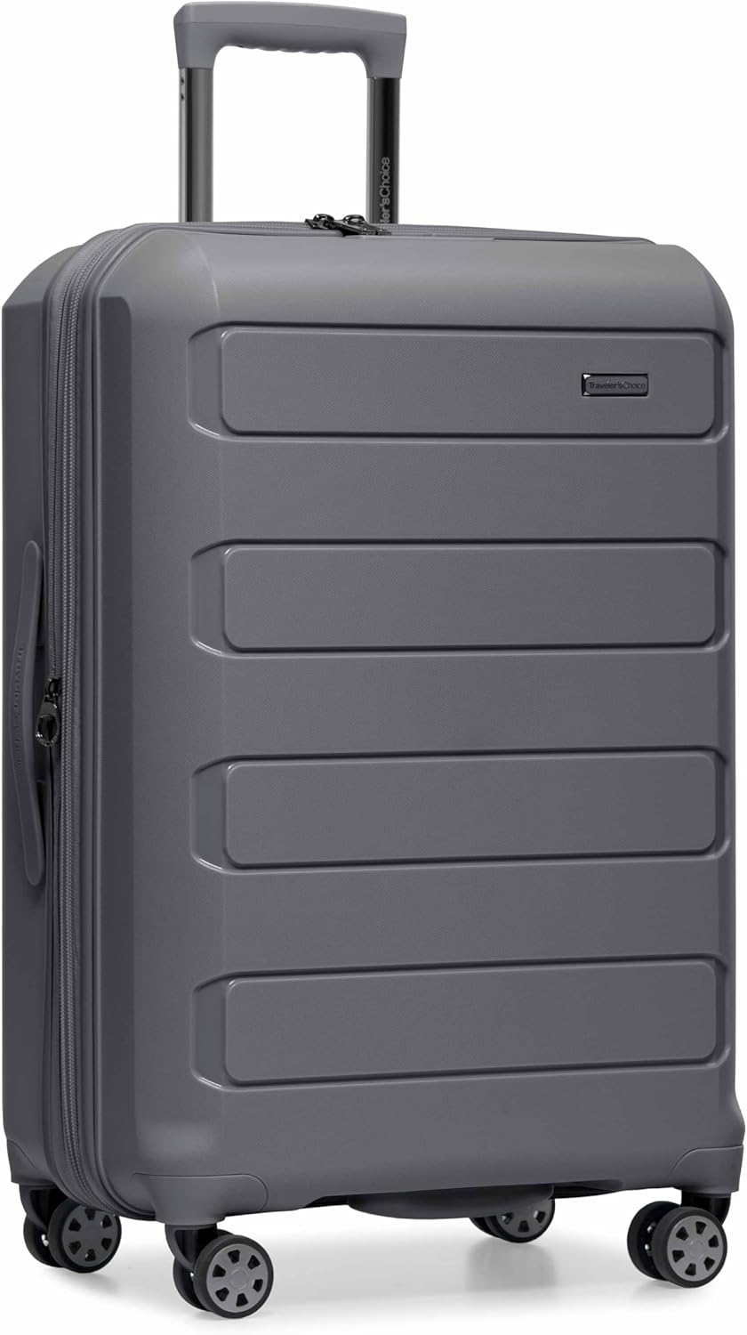 Traveler's Choice Pagosa Indestructible Hardshell Expandable Spinner Luggage, Gray, 26-Inch Medium