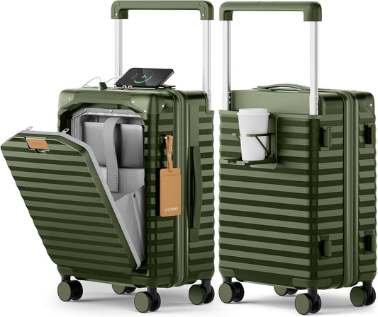 Joyway 20 Inch Carry on Luggage with Front Pocket, PC Hardshell Carry-on Suitcase with USB Port and Cup Holder, 21.5x14.2x9 Airline Approved, Luggage with Spinner Wheels and TSA Lock(Dark Green)