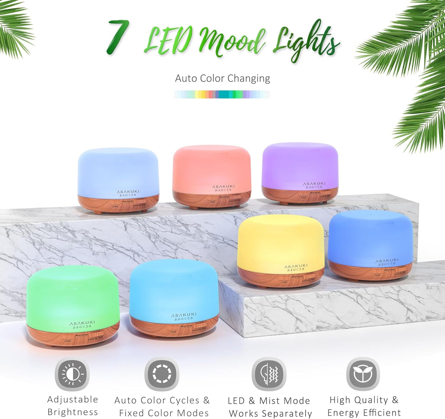 ASAKUKI Oil Diffuser with Essential Oils Set, 500ml Aromatherapy Humidifier with 14 LED Colors & Auto Shut-Off - 6 Oil Gift Pack(Lavender Eucalyptus Tea Tree Orange Peppermint Lemongrass)