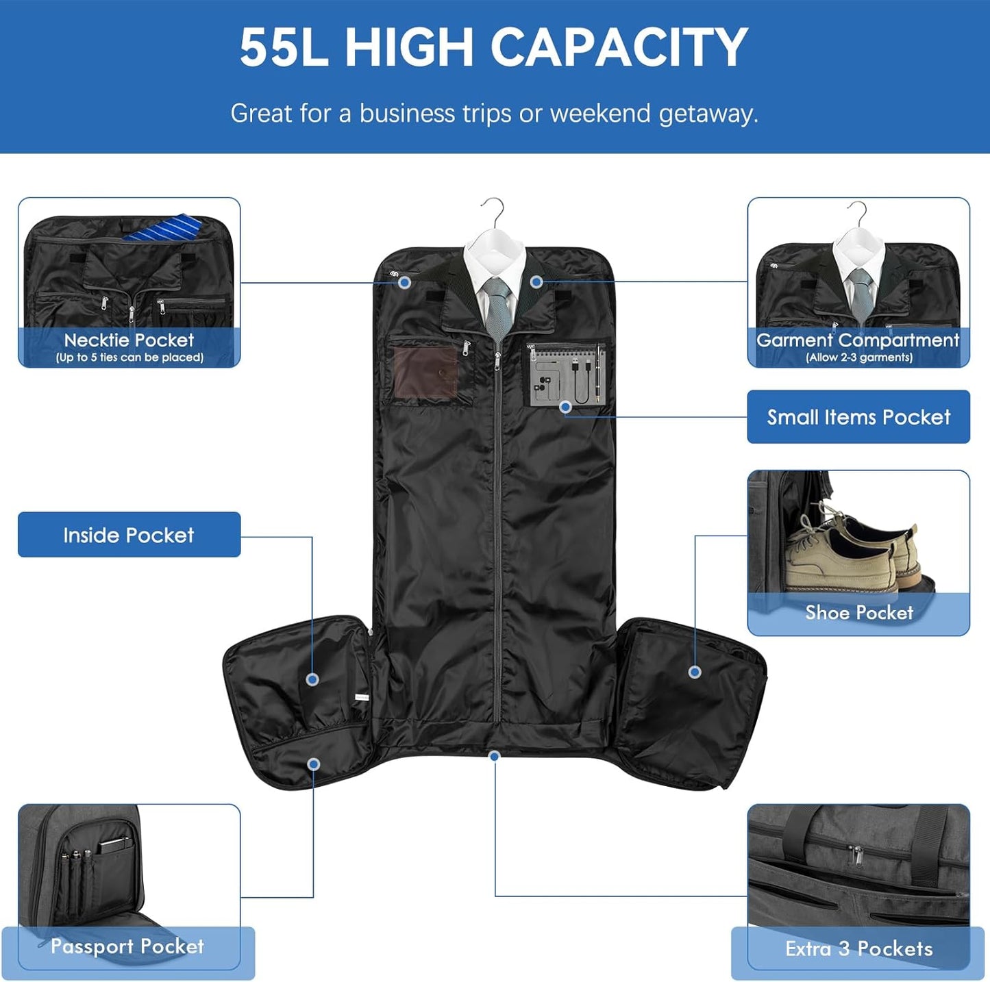 Garment Duffle Bags for Travel, Bukere Convertible Carry on Garment Duffel Bag for Men Women, Shoe Compartment, 2 in 1 Hanging Dress Suitcase Suit Travel Bags, Midnight Grey