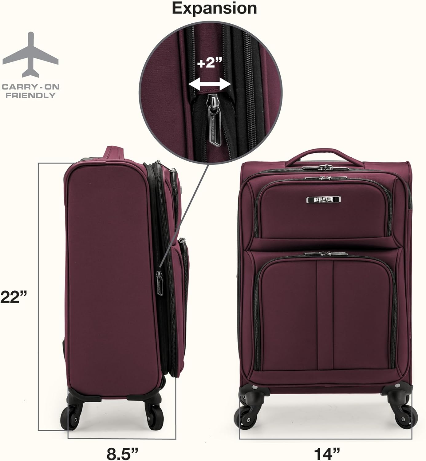 U.S. Traveler Anzio Softside Expandable Spinner Luggage, Burgundy, Carry-on 22-Inch