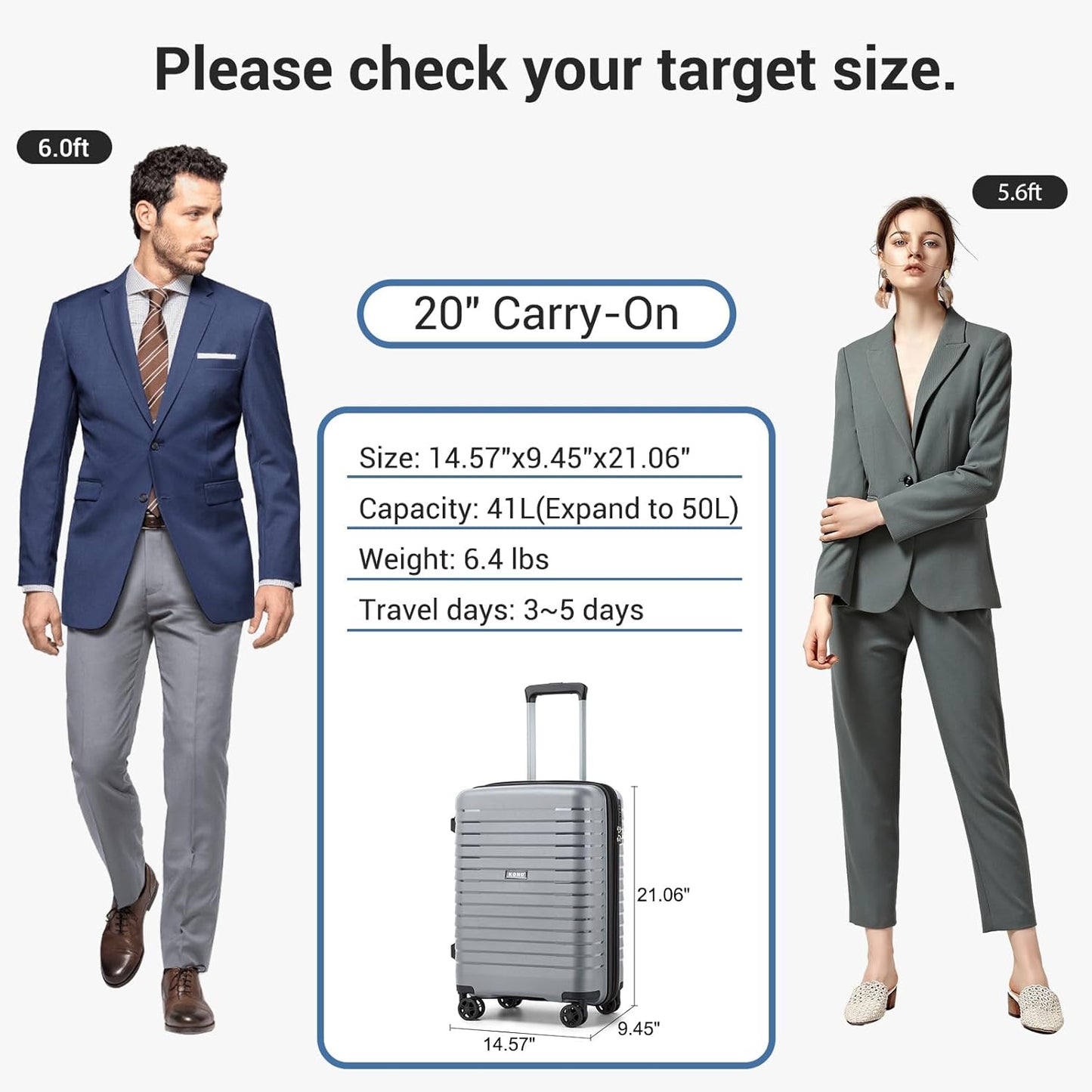 Kono 20 Inch Expandable Carry On Luggage with Spinner Wheels, Durable Hardside Luggage with Hidden Cup Holder, Lightweight Hard Shell Carry On Suitcase Airline Approved with TSA Lock(Light Grey)