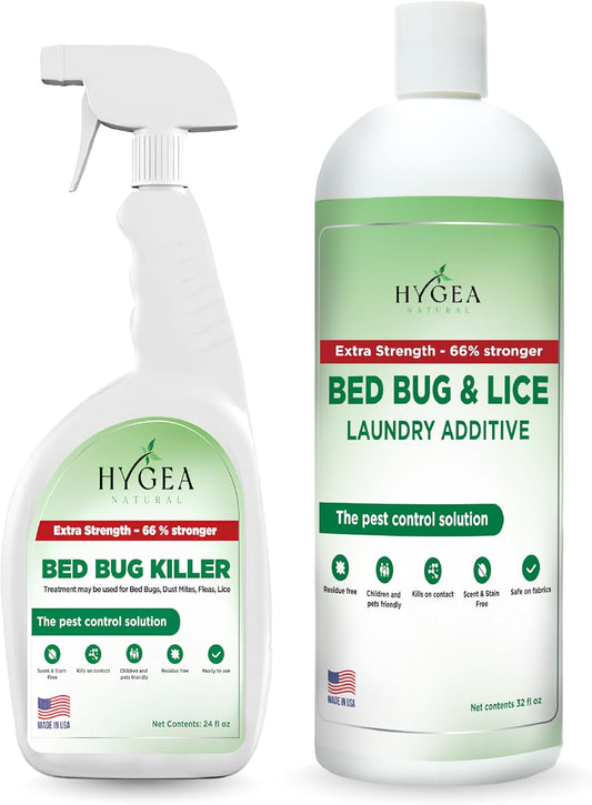 Hygea Natural Bed Bug & Lice Extra Strength Elimination Duo - Includes 24 oz Lice & Bed Bug Spray & 32 oz Laundry Additive - environmentally responsible Formula - Pest Control for Home & Travel