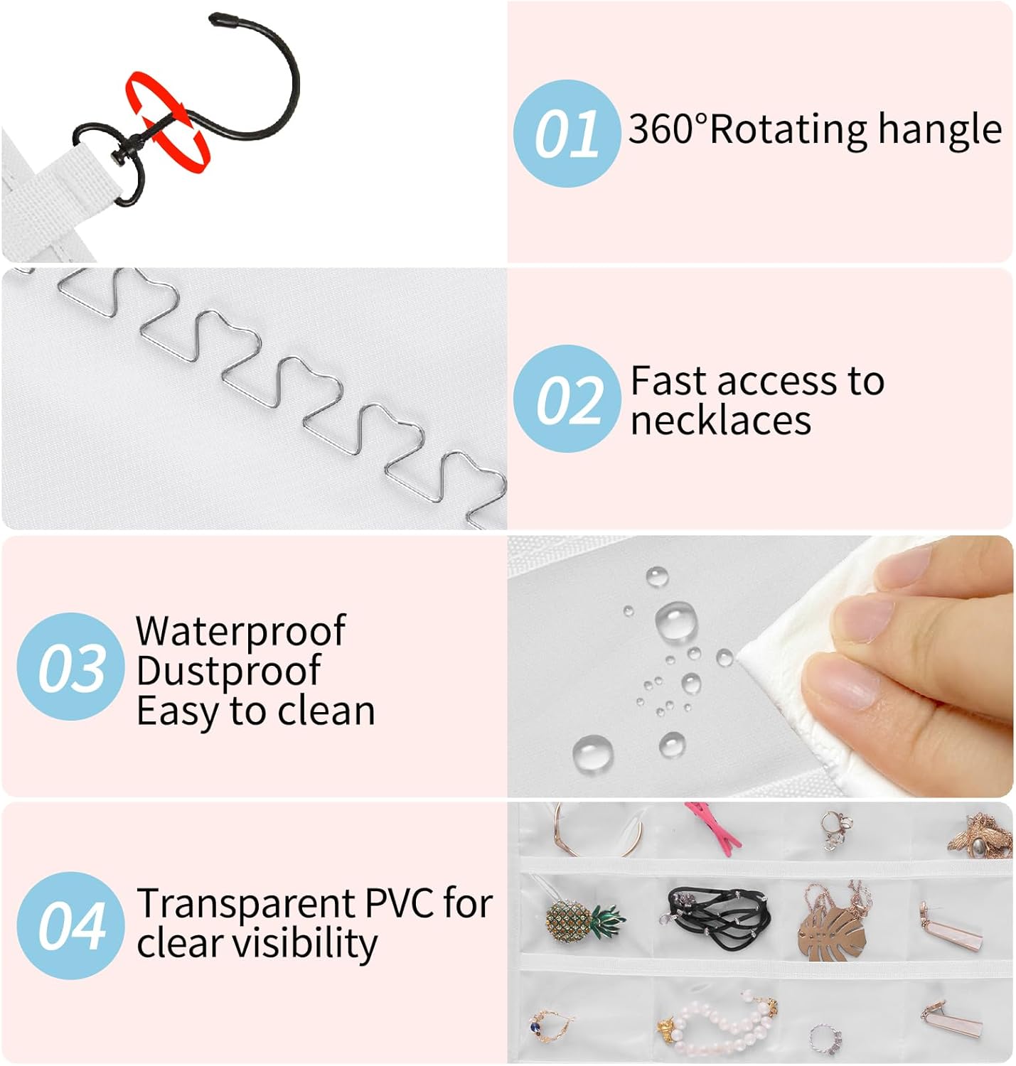 Bloss Hanging Jewelry Organizer, Double-Size jewelrys Storage with Hanger Hooks, Large Jewelrys Storage with 48 Pocket, Earring,Necklace Holder,Womens Jewelry Holder,White