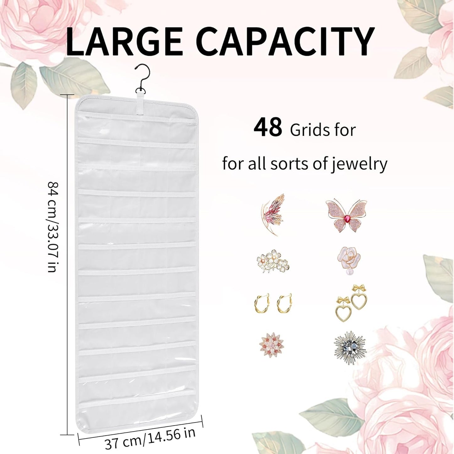 Bloss Hanging Jewelry Organizer, Double-Size jewelrys Storage with Hanger Hooks, Large Jewelrys Storage with 48 Pocket, Earring,Necklace Holder,Womens Jewelry Holder,White