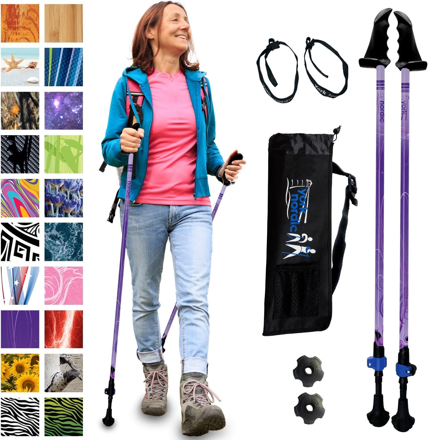 York Nordic Motivator Walking Poles for Balance and Rehab - Patented Stability Grips - Lightweight, Adjustable, and Collapsible - 2 Pieces Adjustable w/flip Locks - Heights 4'6" up to 6'2" - 230 lbs