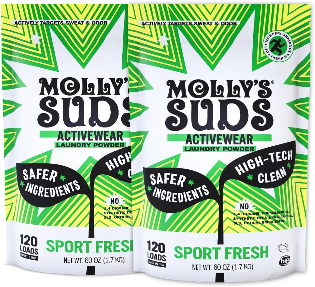 Molly's Suds Active Wear Laundry Detergent | Extra Strength Sport Laundry Powder, Stain Fighting for Performance Fabrics and Sensitive Skin | 240 Load (2 Pack)