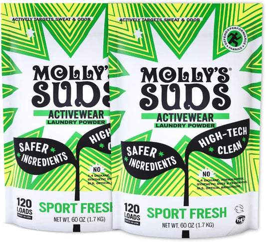 Molly's Suds Active Wear Laundry Detergent | Extra Strength Sport Laundry Powder, Stain Fighting for Performance Fabrics and Sensitive Skin | 240 Load (2 Pack)