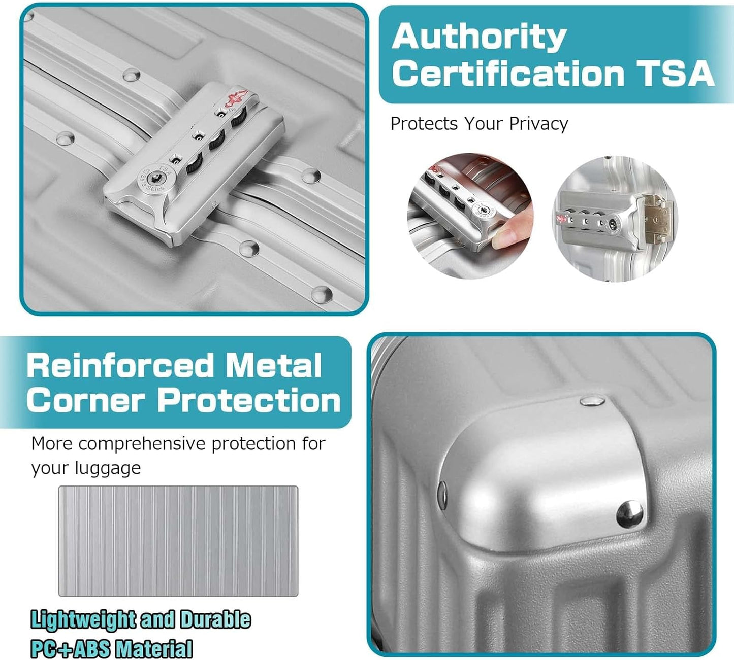 AnyZip Carry On Luggage - Aluminium Frame, PC ABS Hard Shell, Suitcases with Wheels, TSA Lock, No Zipper - 20in Silver