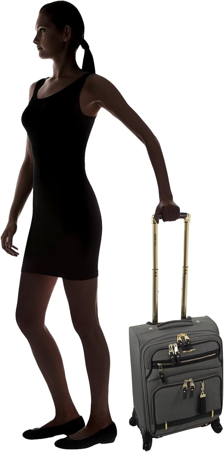 Steve Madden Designer-Gepckkollektion Leichter Softside-Koffer fr Damen und Herren strapazierfhige 50,8 cm groe Tragetasche mit 4 rollenden Spinner-Rdern, Peek-a-boo Grey, 20in, Carry on Bag With