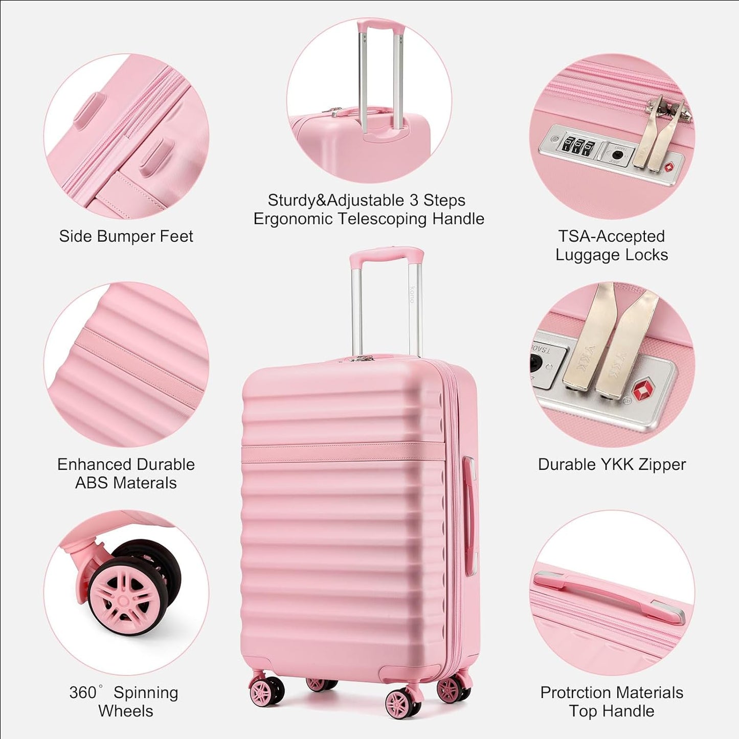 Kono Expandable 28 Inch Large Checked Luggage: ABS+PC Hardside Trolley Travel Case - Hard Shell Suitcase with TSA Lock, Cream/Pink