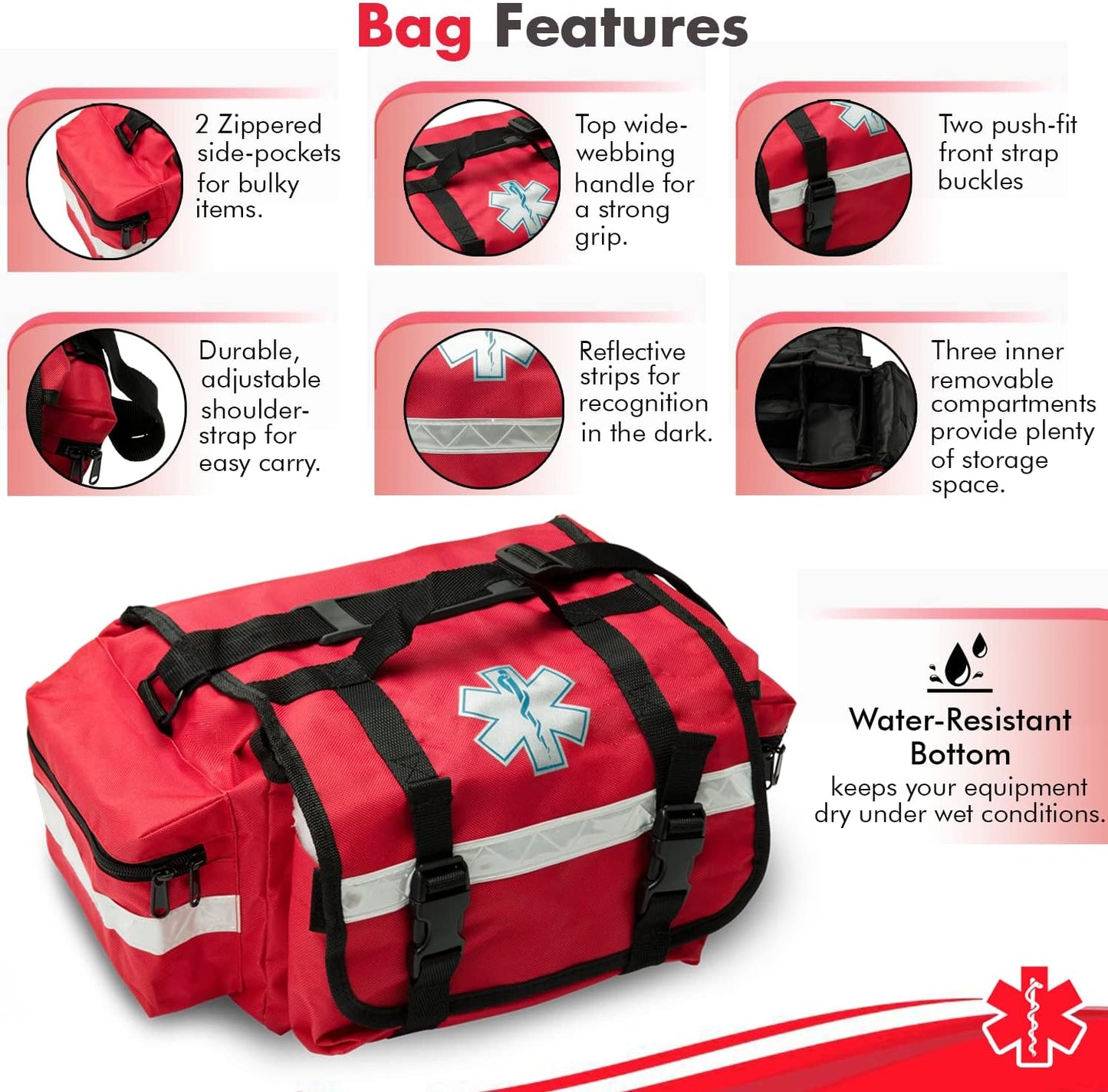 NOVAMEDIC Professional Red First Responder Bag – 17” x 9” x 7” | Empty EMT Trauma Kit Carrier with Removable Dividers, Reflective Strips, Water-Resistant Base