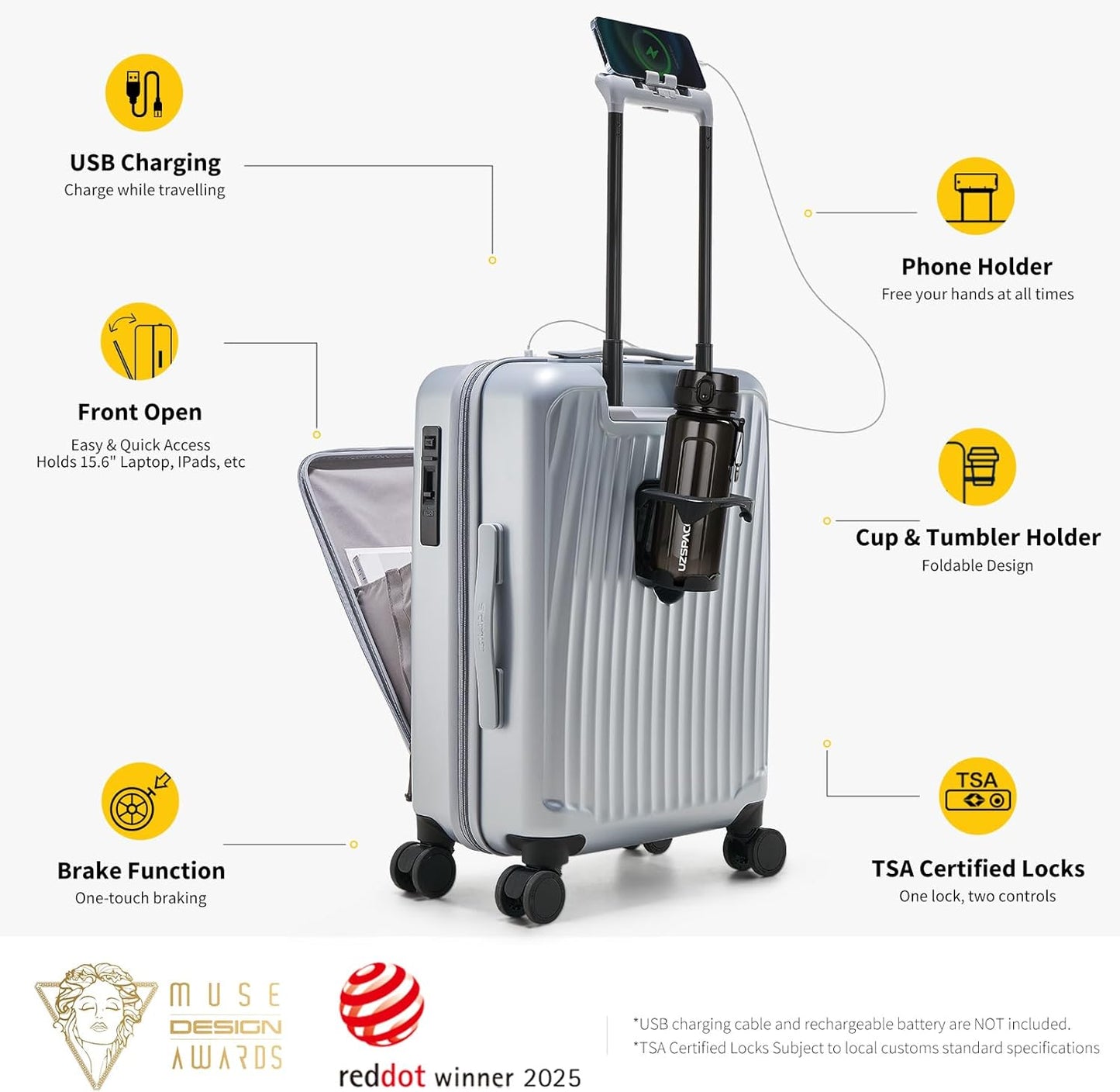 OIWAS 20 Inch Carry On Luggage, Front Pocket Carryon Suitcase with Phone Holder & Cup Holder, Airline Approved Hardshell Luggage with Double TSA Lock, USB Port, One-Click Brake, Silver