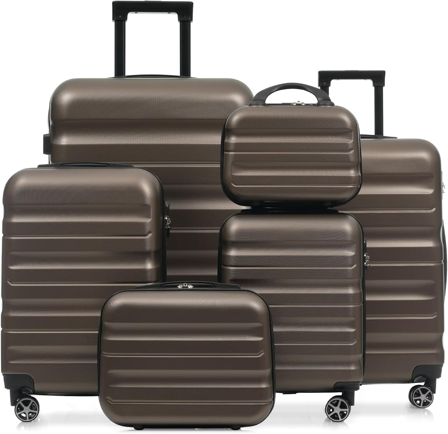 Merax Luggage Set 6 Piece, Hardshell ABS Suitcases with 8 Silent Spinner Wheels, Durable and Lightweight Travel Luggage for Family Trips, Brown