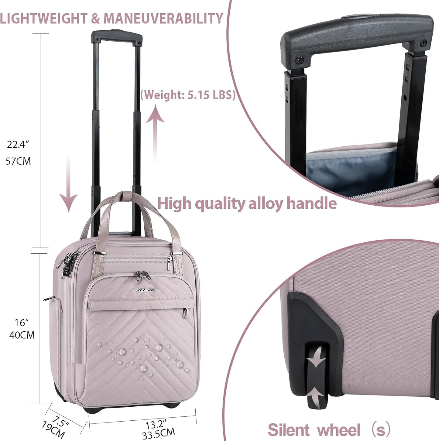 VANKEAN Carry On Underseat 16-inch Multi-functional Underseater Lightweight Overnight Suitcase with Wheels, Roller Case for Women Travel Business, Light Dusty Pink
