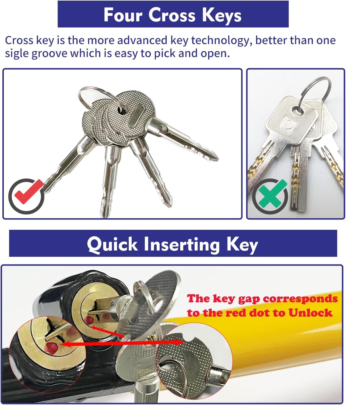 Steering Wheel Lock Anti-Theft car Device Car Wheel Locks Heavy Duty Vehicle Security Steering Wheel Lock for Truck Car Vehicles Van Lorry SUV with 4 Keys, Elongated Length MAX 30.5“ Yellow