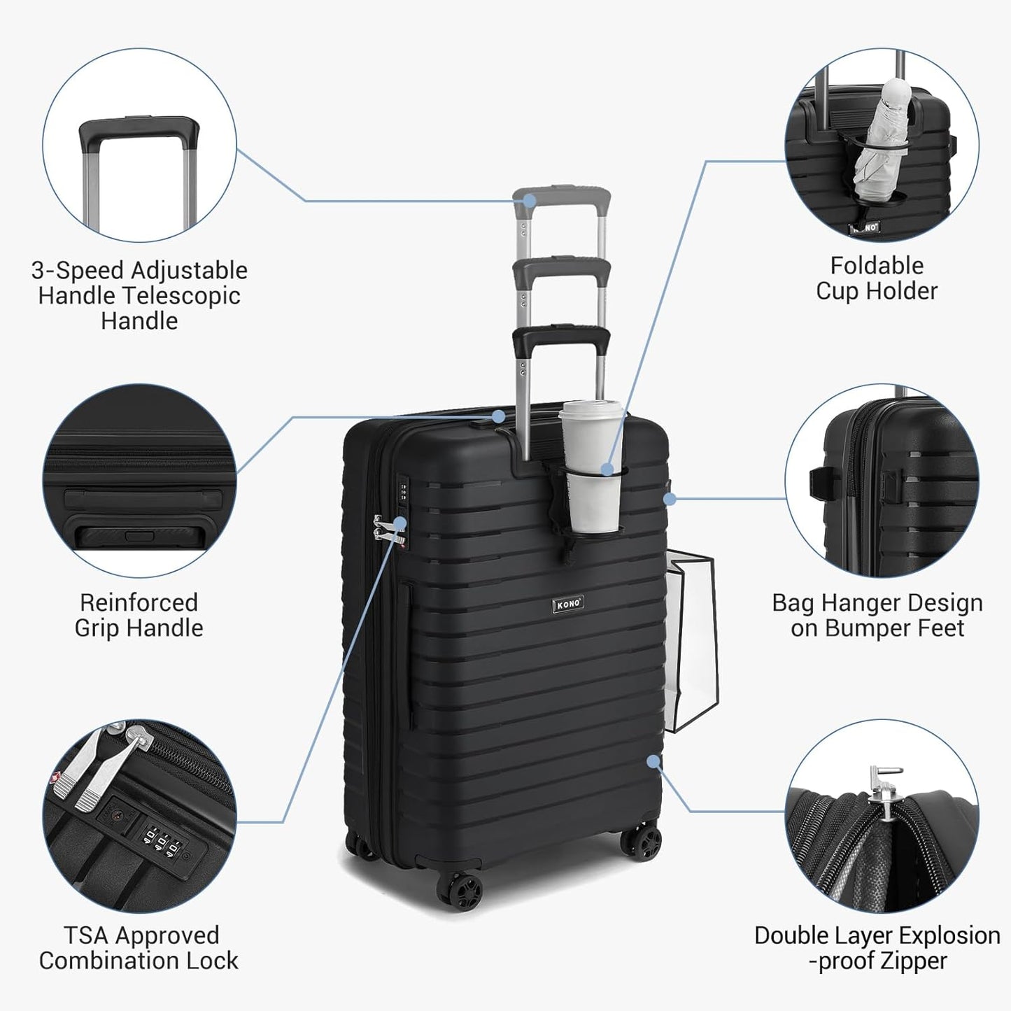 Kono 24 Inch Expandable Luggage Suitcase with Spinner Wheels, Durable Hardside Checked Luggage with Hidden Cup Holder, Lightweight Hard Shell Medium Suitcase with TSA Lock(Black)