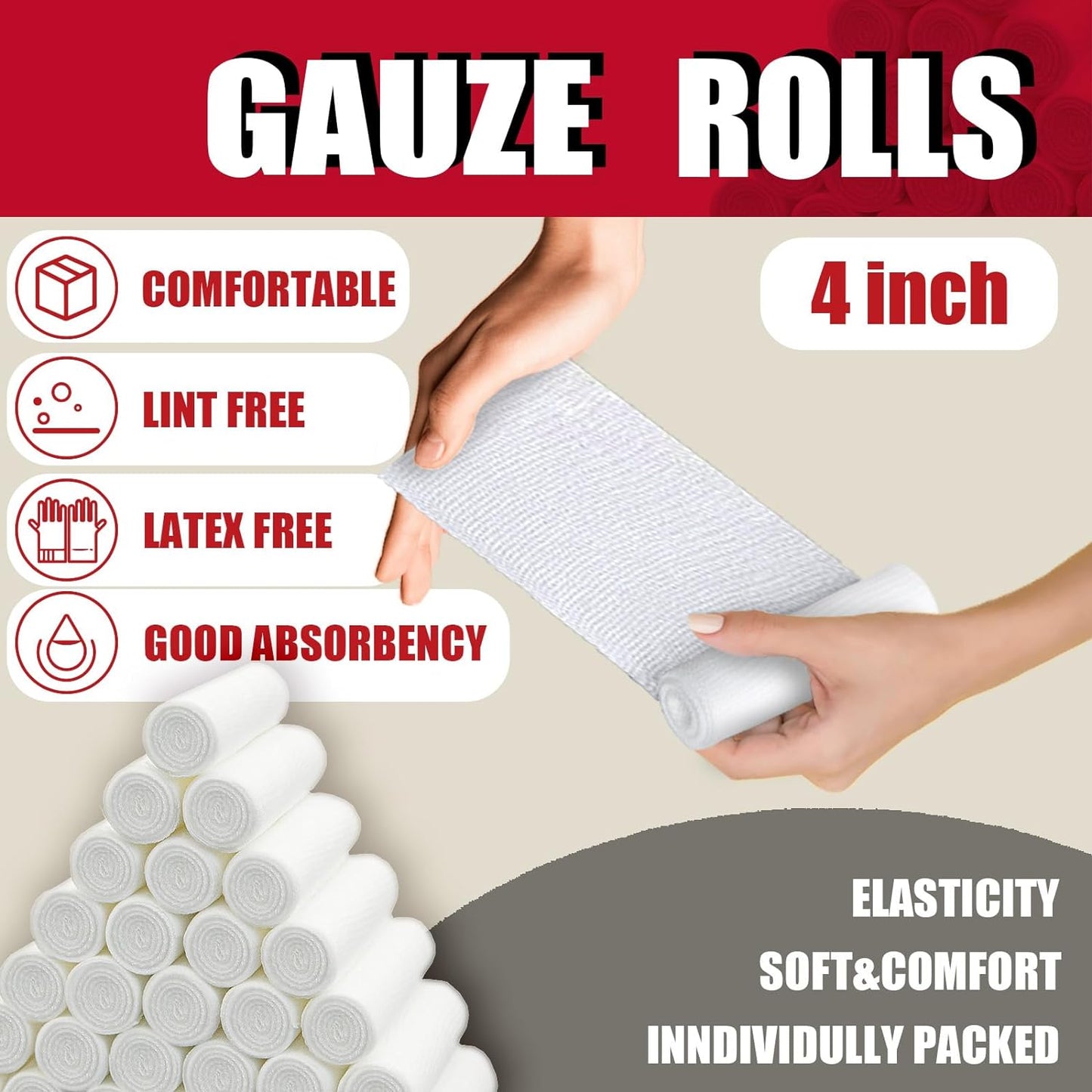 32 Pack Gauze Rolls Bandages 4 ” x 4.1 yd Premium Quality Lint and Latex-Free Conforming Stretch Designed for Effective Wound Care for Wound Dressing Support (Individually Packed)