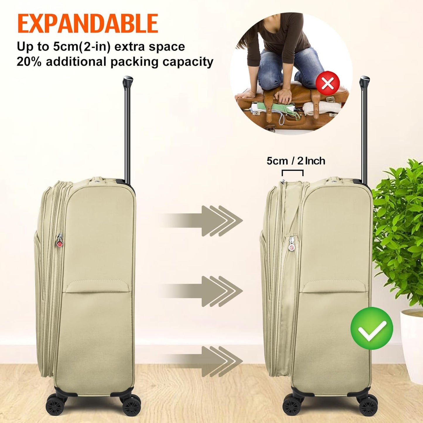 Verdi Luggage 2 Piece Set Suitcase Spinner Wheels Softshell Expandable, Carry On Luggage with USB Port (Khaki, 2-Piece set(20/24))