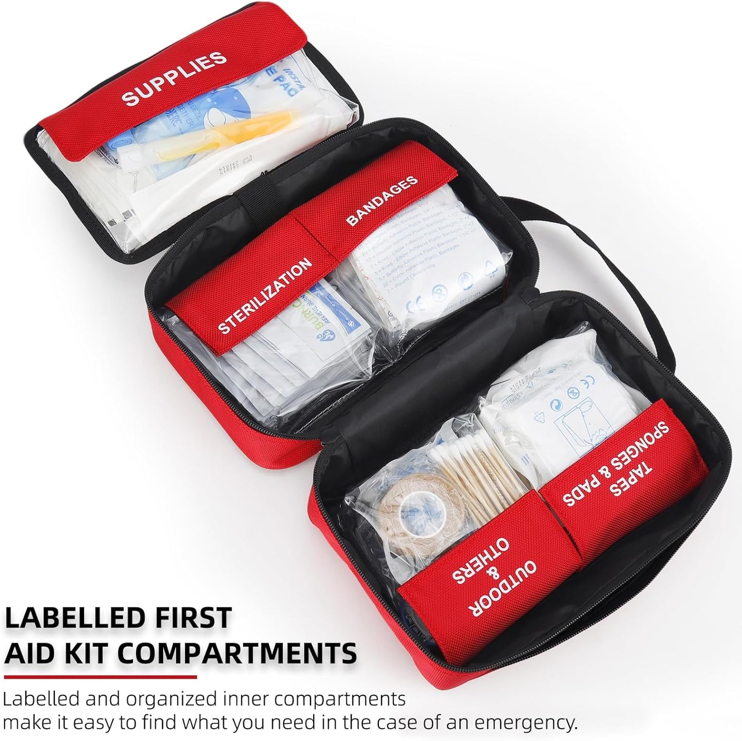 330 Piece First Aid Kit, Premium Waterproof Compact Trauma Medical Kits for Any Emergencies, Ideal for Home, Car, Travel, Camping, Hiking, Truck, Office, Sports (Red)