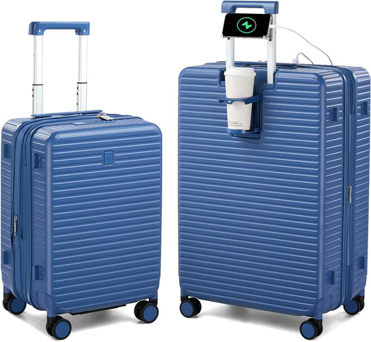 Hard Shell Suitcases Expandable Travel Luggage Sets 2 Piece, Carry on and Check in Luggage Lightweight Suitcase Set 2 Piece with Wheels Cup Holder Charger Built in (Interstellar Blue, 20/28)