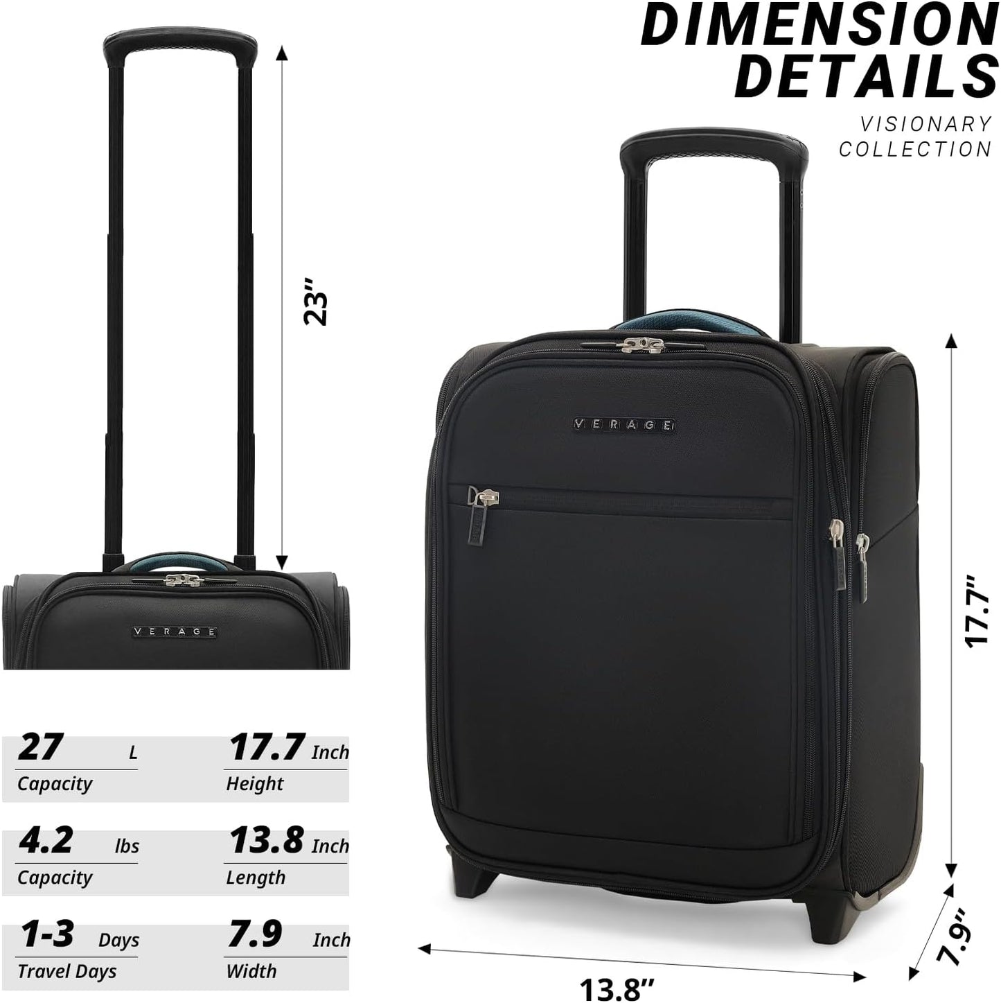 Verage Under Seat Luggage with Wheels, Softside Expanable Small Suitcase Carry On Luggage Bags for Airlines Airplanes Short Trip Men Women (Black, 16-Inch Rolling Underseat)