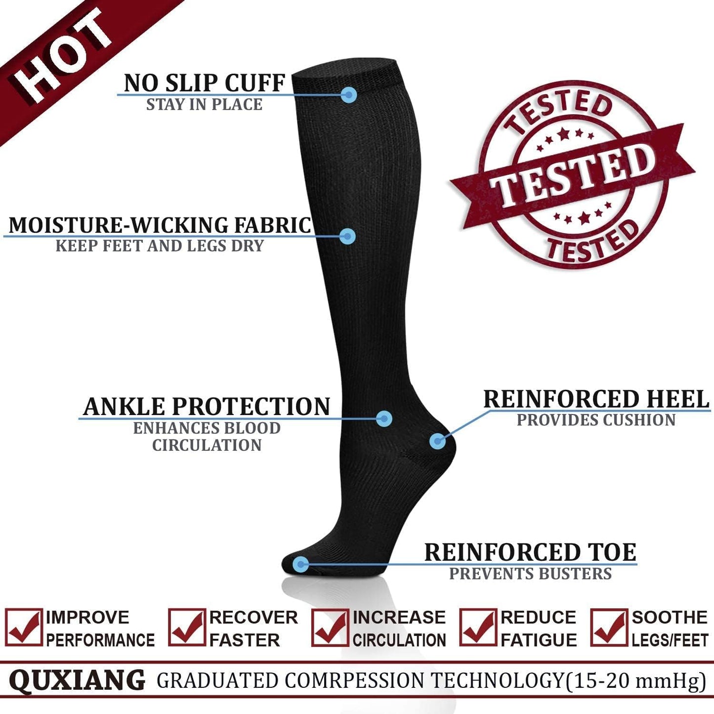 QUXIANG Copper Compression Socks for Women & Men Circulation (8 Pairs) - Best for Running Athletic Cycling - 15-20 mmHg