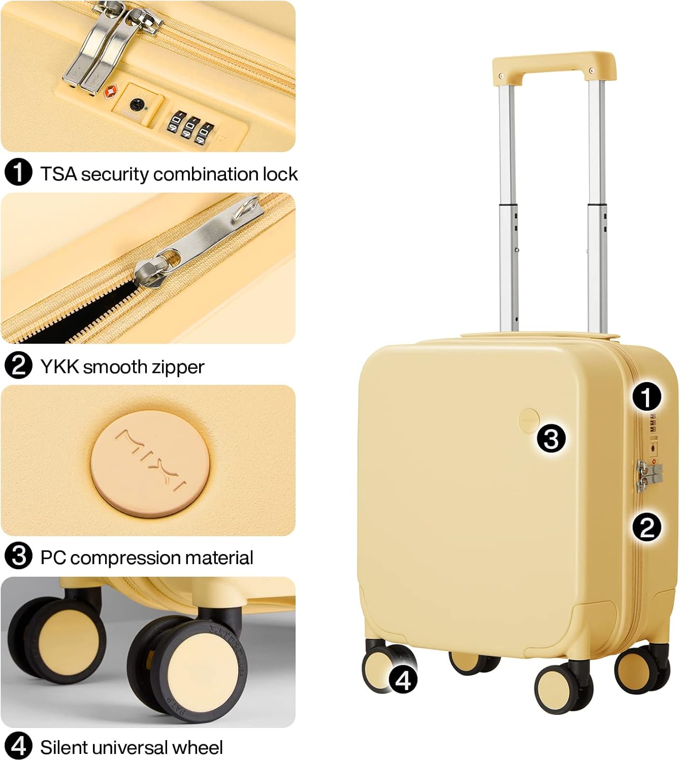 mixi 14 Inch Underseat Luggage Carry on Suitcase Free Boarding Personal Item Suitcases with Spinner Wheels Hardshell Lightweight PC for Short Travel, Lark Yellow