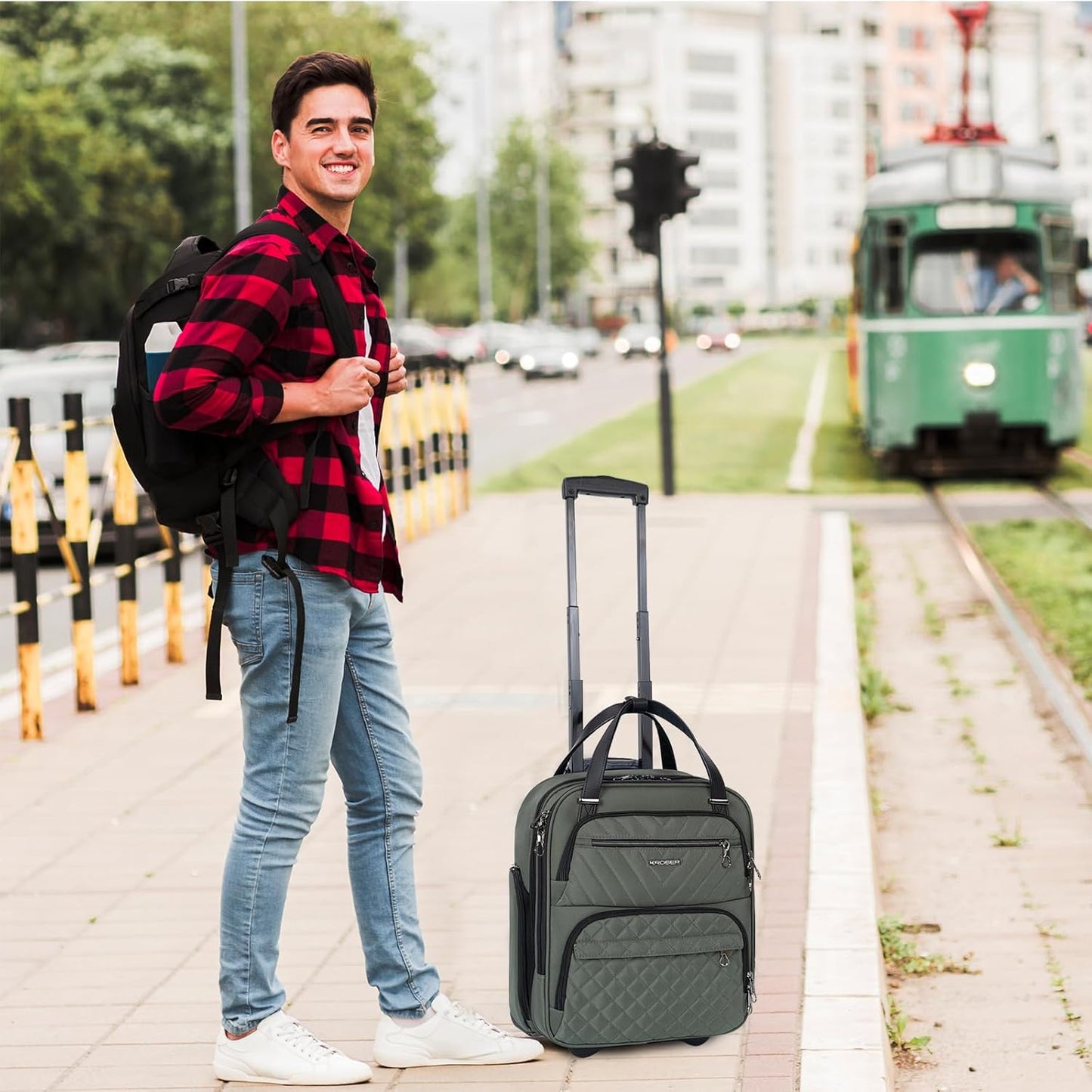 KROSER Carry On Underseat Multi-functional, 16-inch Underseater Lightweight Overnight Suitcase for Women, Army Green